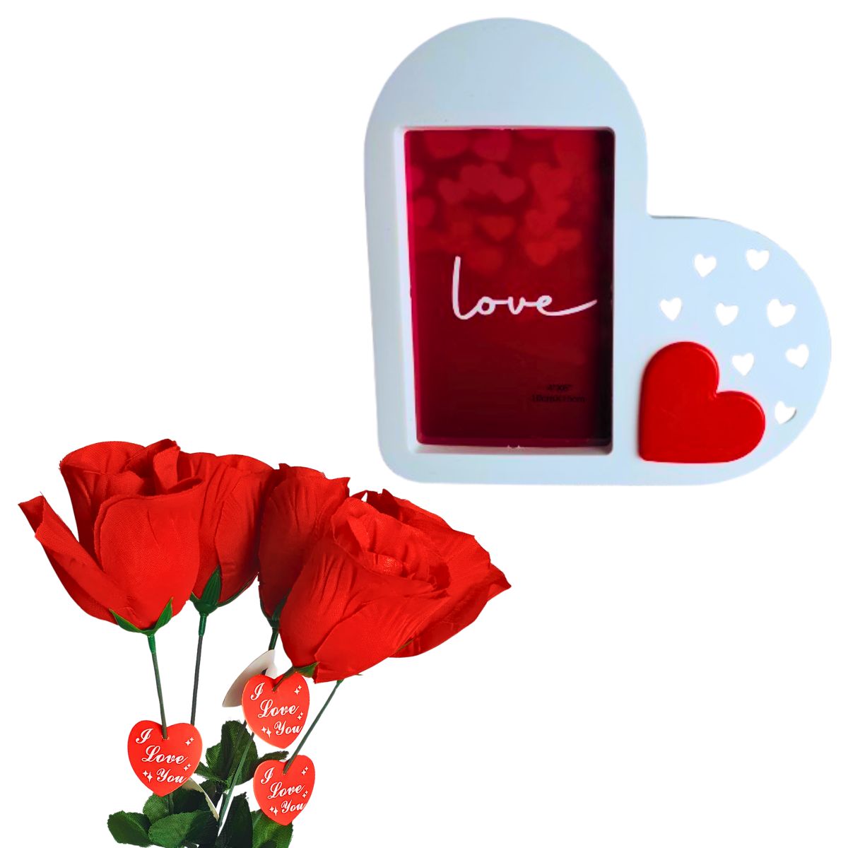 Kit Porta Retrato Coração Branco Amor Love + 5 Botões de Rosas Artificiais Embalado Celofane C/ Tag Kit Porta Retrato Coração Branco Amor Love + 5 Botões de Rosas Artificiais Embalado Celofane C/ Tag